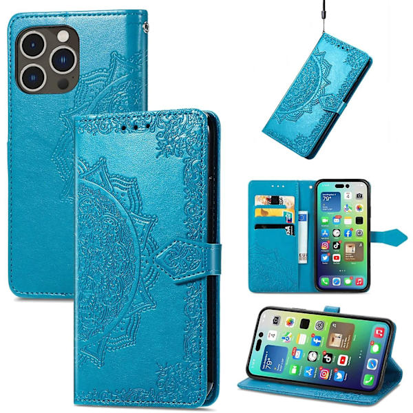 Mandala FlowerLeather phone case för iPhone 15 Pro Blue