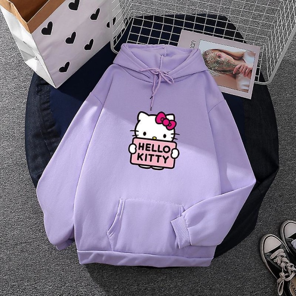 Tecknad Sanrio Hello-kitty Söt huvtröja för kvinnor Koreanska flickor Modetröja Vår och höst Modell Kläder Casual Långärmad L Purple