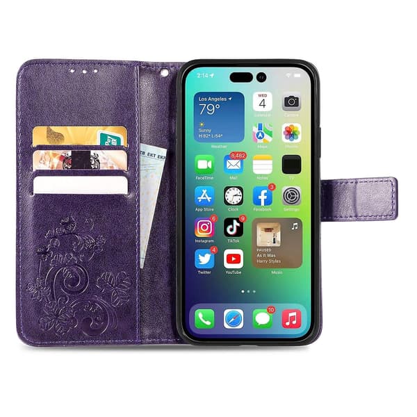 Fyrfodrat läderfodral med case för iPhone 15 Purple