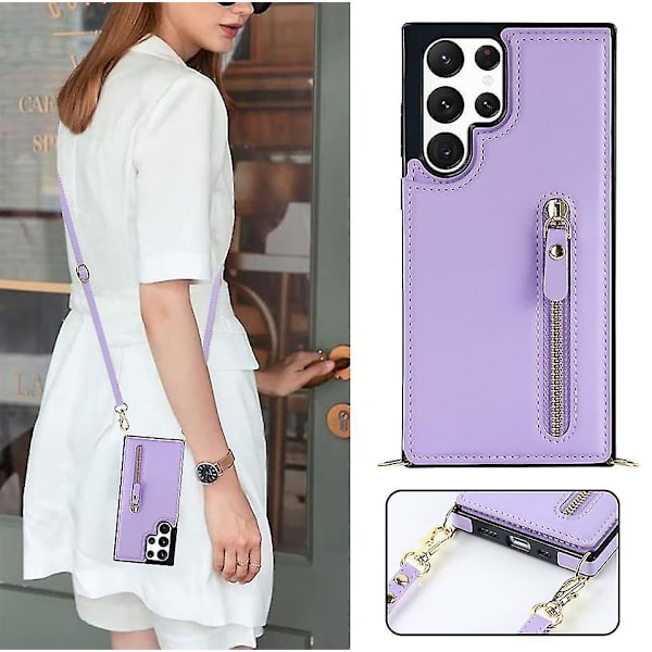 Crossbody axelrem case Kompatibel Samsung Galaxy S23 Ultra/ S23+/ S23 med korthållare Stötsäker Purple for S23 Plus