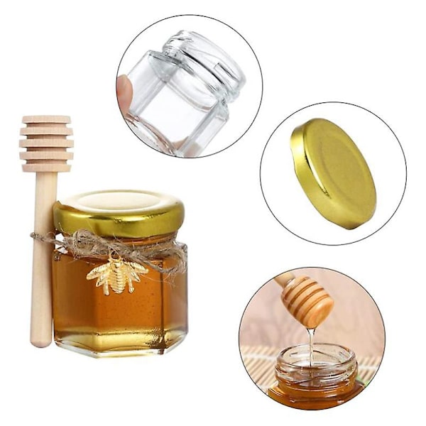 1,5 oz hexagon mini glas honung burkar med trä dipper guld lock Bee hängen jute för baby shower Bröllop gynnar Party favors 45ml 20 Pcs