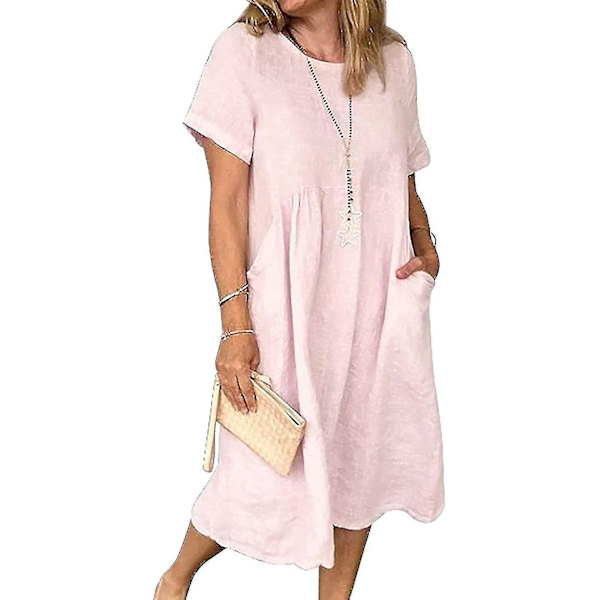 Sommarklänning i linne för kvinnor, Boho-klänning, lång klänning, ZBO Pink 2XL