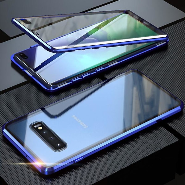 Heltäckande magnetisk metallram + cover i härdat glas för Samsung Galaxy S10 Plus Blue