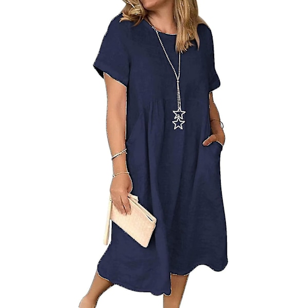 Sommarklänning i linne för kvinnor, Boho-klänning, lång klänning, ZBO Navy Blue 2XL