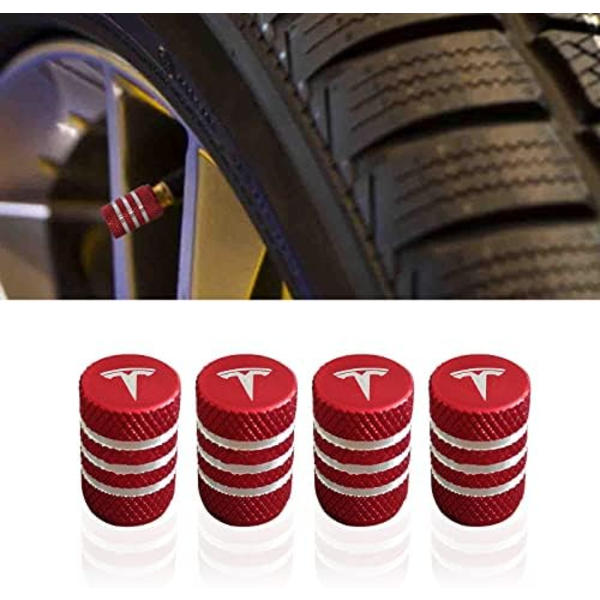 4st Dammskydd för däck, cap av aluminiumlegering, läckagesäkert bildäckstillbehör mot korrosion, kompatibel med Tesla Model YXS 3, Univer red