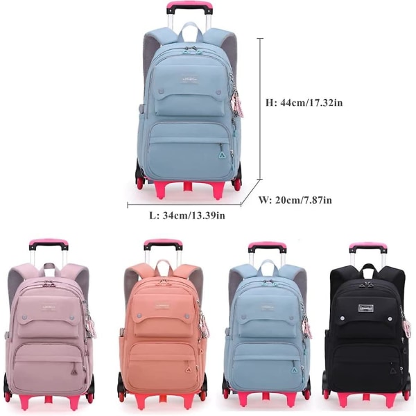 Enfärgade flickor rullande ryggsäck med hjul Skolväska Elementary School Student Trolley Daypack Outdoor Travel Bag Pink 6 Wheels