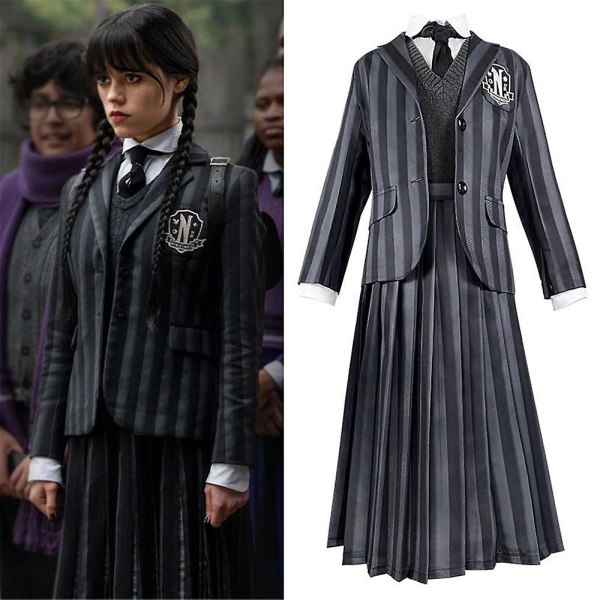 Onsdag Addams Deluxe set Nevermore Academy School Uniform Outfit Peruker Dam Cosplay Party Fancy Dress Up 2XL with Wig