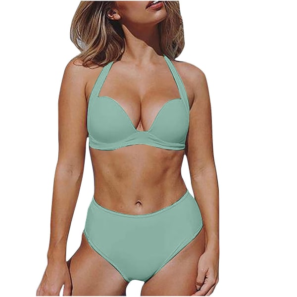 Plus Size Baddräkt För Dam Strand Dam Split Solid Steel Bikini Baddräkt Tvådelad Baddräkt Baddräkter Mint Green XXL