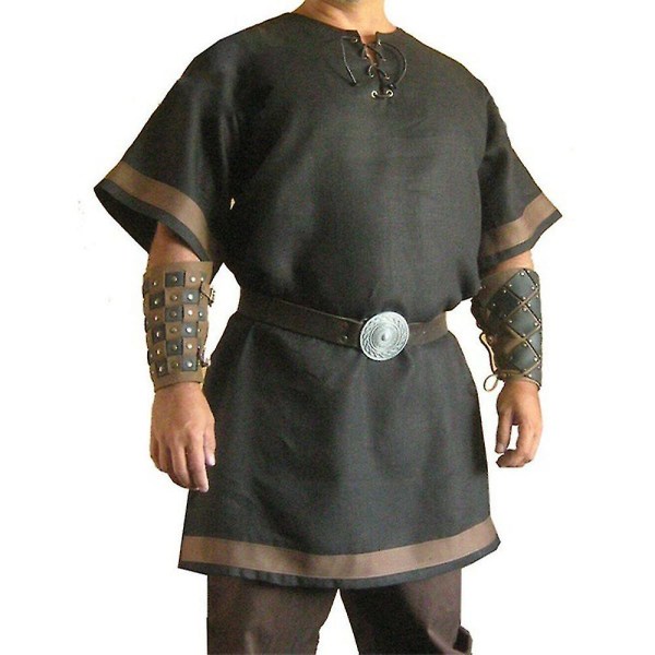Plus Size Herr Medeltida Viking Knight Warrior Skjortor Toppar Cosplay kostym Black XL