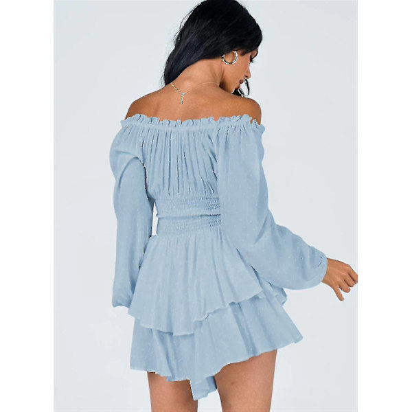 Kvinnor Off Shoulder Långärmad Romper Shorts Ruffle Jumpsuit Playsuit Blue L