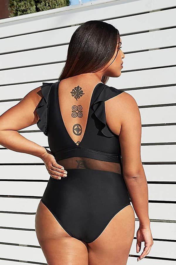 Kvinnor Plus Size Baddräkt One Piece V-hals Ruffle Mesh Baddräkt Simning