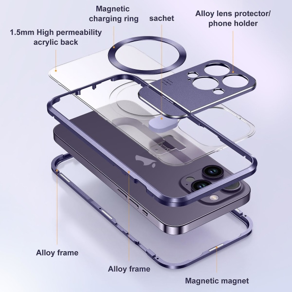 Metall Magsafe case kompatibelt med Iphone 15 Pro Max, linsskydd i legering Case med osynligt Kindstand Purple For iPhone 15 Pro Max