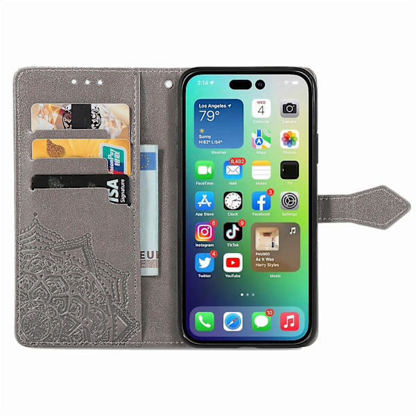 Mandala FlowerLeather phone case för iPhone 15 Plus Grey
