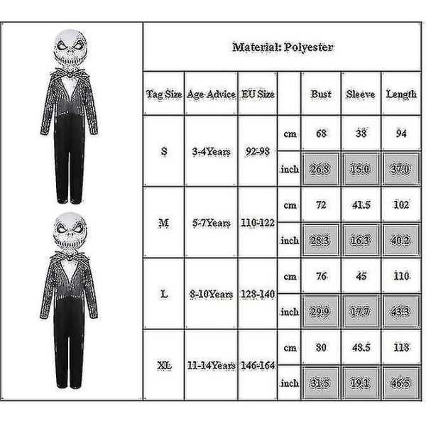 3-14 år för barn Halloween Nightmare Jack Skellington Cosplay Jumpsuit med mask K S