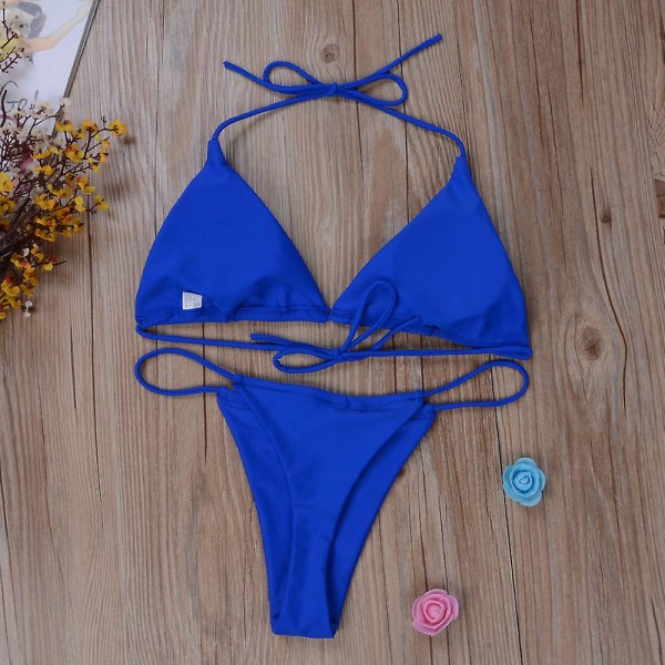 Ultratunn elastisk stringtrosa för kvinnor, bikiniset set Sexig enfärgad baddräkt Bandage stil brasilianska badkläder C XL Blue