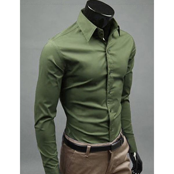 Män Långärmad Business Skjorta Vanlig Formell Casual Klänning Toppar Army Green 3XL