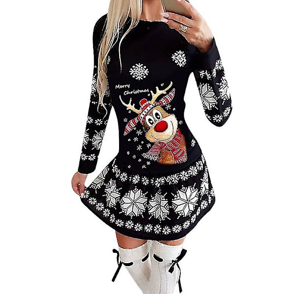 Kvinnors julklänning med print Långärmad rundhalsad mellanlång klänning