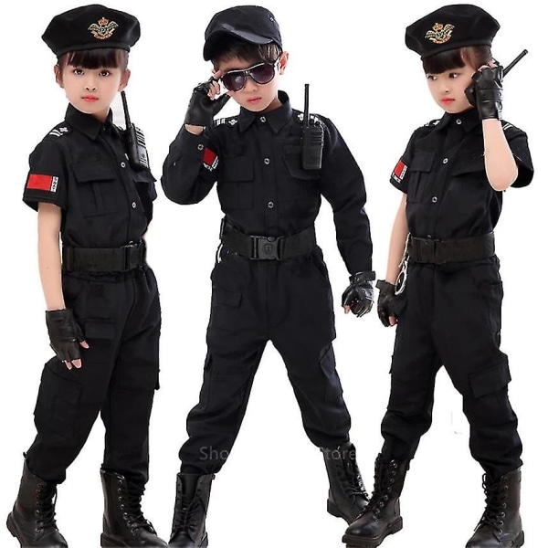 Barn Trafik Special Polis Halloween Karneval Fest Performance Polis Uniform Barn Army Pojkar Cosplay Kostymer 110-160 cm 6pcs set Height 160cm