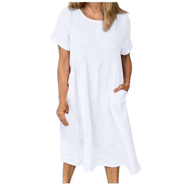 Sommarklänning i linne för kvinnor, Boho-klänning, lång klänning, ZBO White 4XL