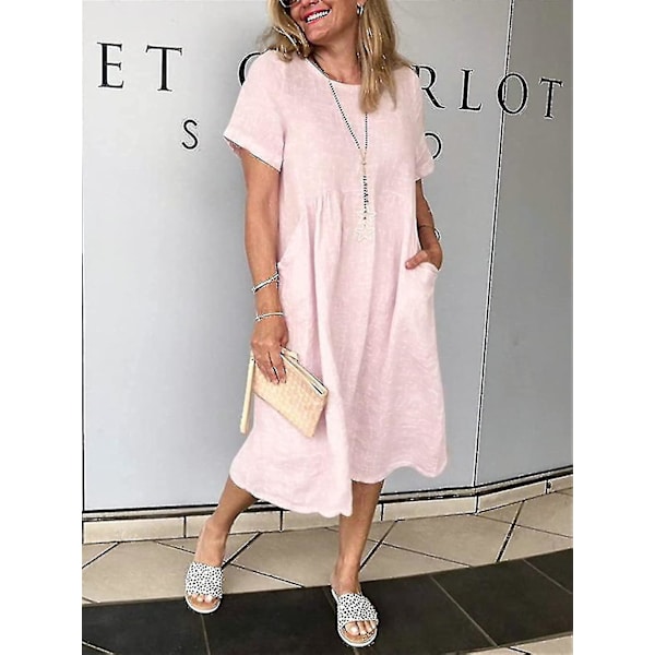 Sommarklänning i linne för kvinnor, Boho-klänning, lång klänning, ZBO Pink 4XL