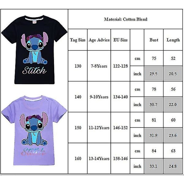 7-14 år Barn Tonåringar Pojkar Flickor Lilo And Stitch T-shirts Printed sommartröjor Presenter Black 9-10Years