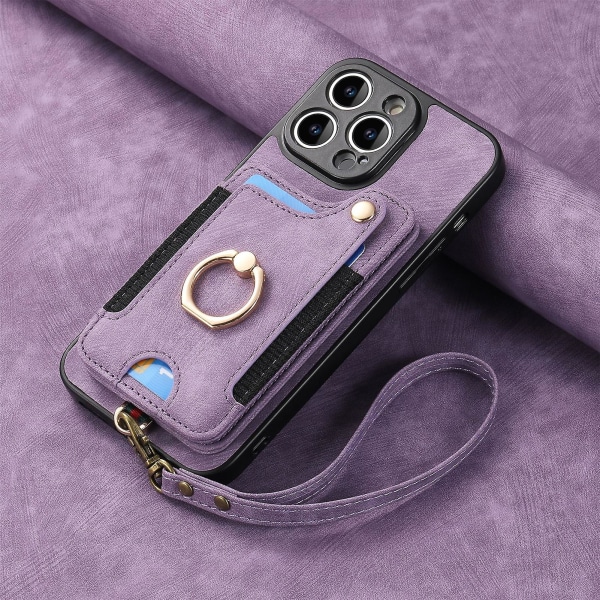 Plånbok Rfid Kreditkortshållare Ring Stativ Phone case För Iphone 15 Pro/15 Pro Max 15 Ultra Med handledsrem Purple iPhone 15 Pro