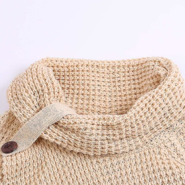 Vinter Lös Turtleneck Tröja Långärmad Knapp Casual Pullover För Kvinnor Khaki M