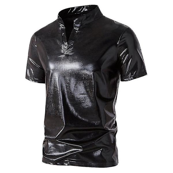 Herr V-ringad Sparkle Kortärmade Glänsande Pikétröjor 70-tal 80-tal Disco Party Casual T-shirts T-tröjor Black L