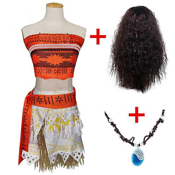 Vuxna barn prinsessan vaiana moana kostym klänningar med halsband peruk kvinnor tjejer halloween fest moana klänning kostymer cosplay Costume +necklace+wig 8t