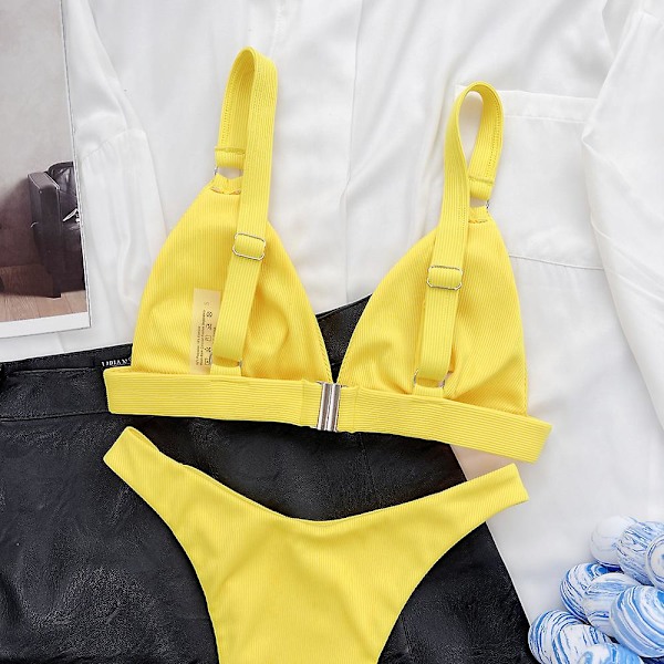 Ribbad O-ring för damer Bikini Baddräkt Fräck Thong Baddräkt yellow M