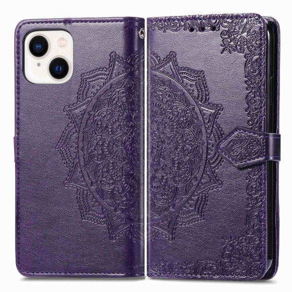 Mandala FlowerLeather phone case för iPhone 15 Plus Purple