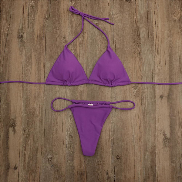 Baddräkt Fylld String Baddräkt Bikini Set Bandage Solid brasiliansk baddräkt purple L