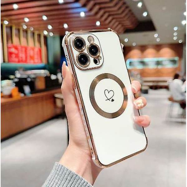 Magsafe Plating Cute Love Heart Mjukt case till Iphone 15 Pro Max med upphöjt helt kameralinsskydd white