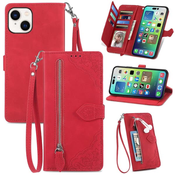 Case för iPhone 15 med präglad blomblixtlås Red