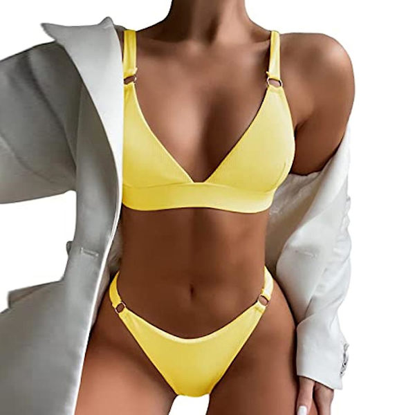 Ribbad O-ring för damer Bikini Baddräkt Fräck Thong Baddräkt yellow M