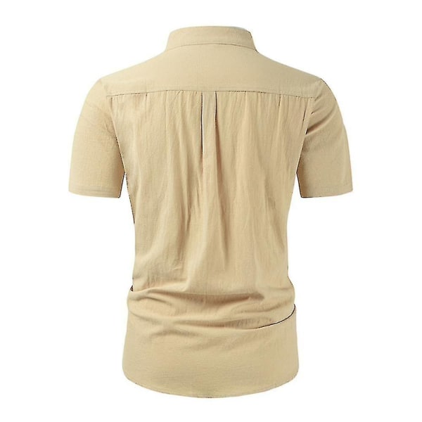 Ståkrage för män Button Down-skjortor Kortärmad bomull Linnelook Strand Casual Snygg sommarskjorta Toppar Khaki 3XL