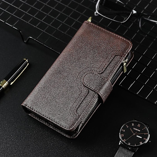 Fodral för Samsung Galaxy Z Fold 2 Cover Zipper Magnetic Wallet Card Holder Pu Läder Flip Case Brown A