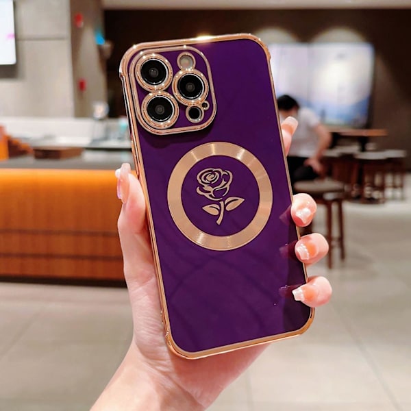 Magsafe- case kompatibelt med Iphone 15 Pro Max, lyxplätering Rose Flower Soft Tpu Stötsäkert cover för kvinnor, tjejer Deep Purple For iPhone 15 Pro Max