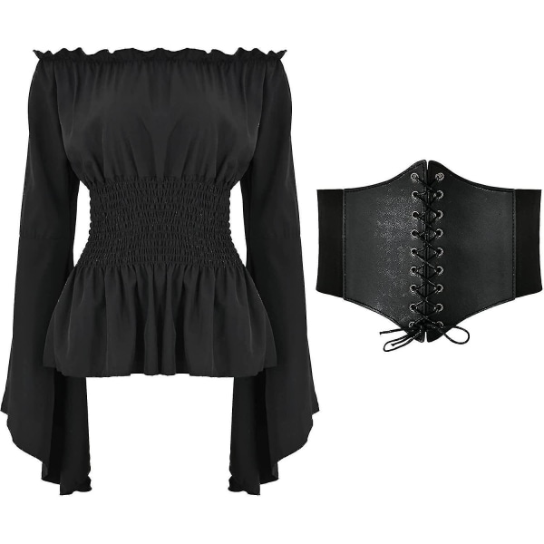 Renässansblus för damer Korsett Midjebälte Medeltida viktoriansk off-shulder långärmad skjorta Pirate Cosplay Kostymer Black Large