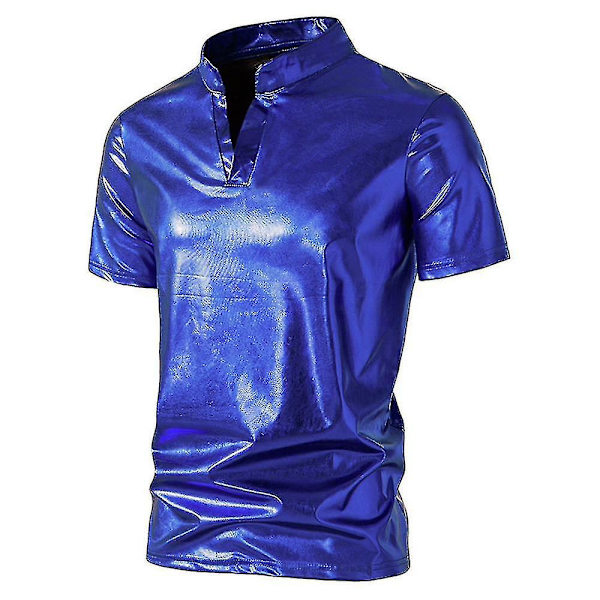 Herr V-ringad Sparkle Kortärmade Glänsande Pikétröjor 70-tal 80-tal Disco Party Casual T-shirts T-tröjor Blue L