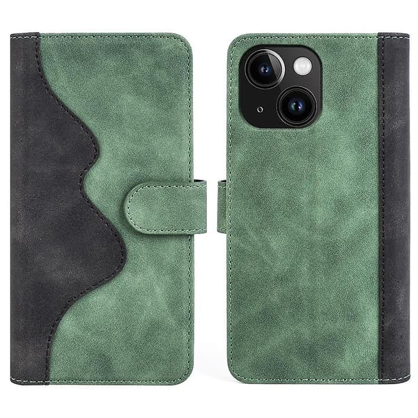 Stitching Leather Flip Phone case för iPhone 15 Green