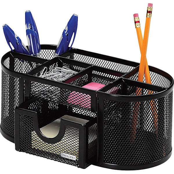 Mesh Pencil Cup Organizer, fyra fack, stål, 8,7" x 4,3" x 4,1", svart null none