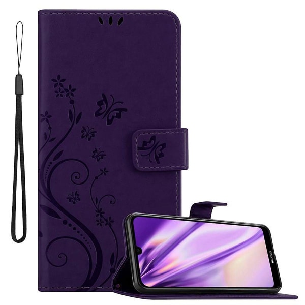 Huawei Y6 2019 Sleeve Cover Case Case - med blommönster och stativfunktion och kortplats FLORAL DARK LILA Y6 2019