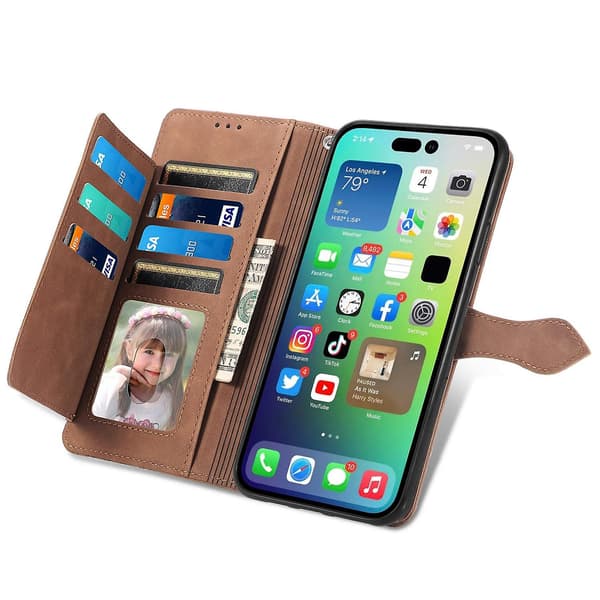 Case för iPhone 15 med präglad blomblixtlås Brown