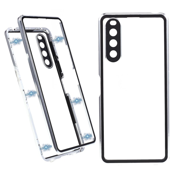 För Sony Xperia 10 V magnetiskt case Metallram + härdat glas + genomskinligt cover på baksidan Silver