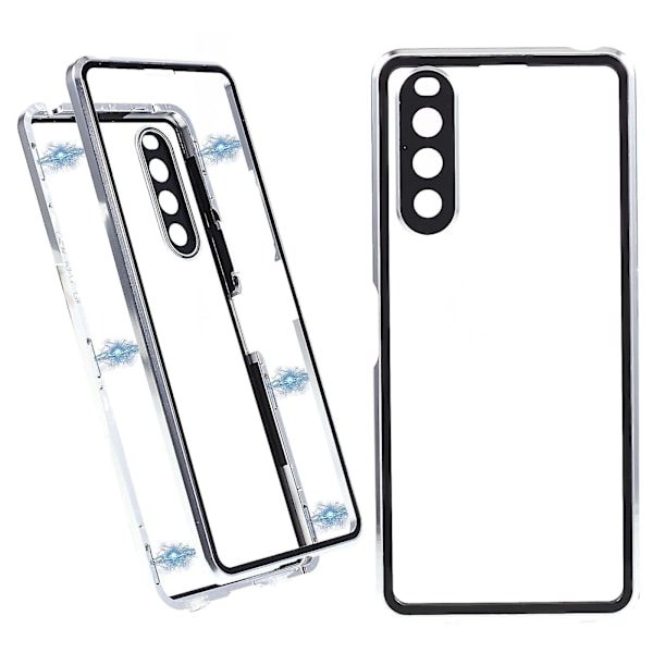 För Sony Xperia 10 V magnetiskt case Metallram + härdat glas + genomskinligt cover på baksidan Silver