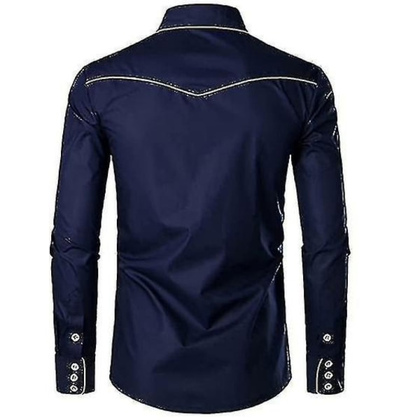 Western Cowboyskjorta för män Broderad långärmad Casual Slim Fit Button Down-skjorta navy blue 2XL