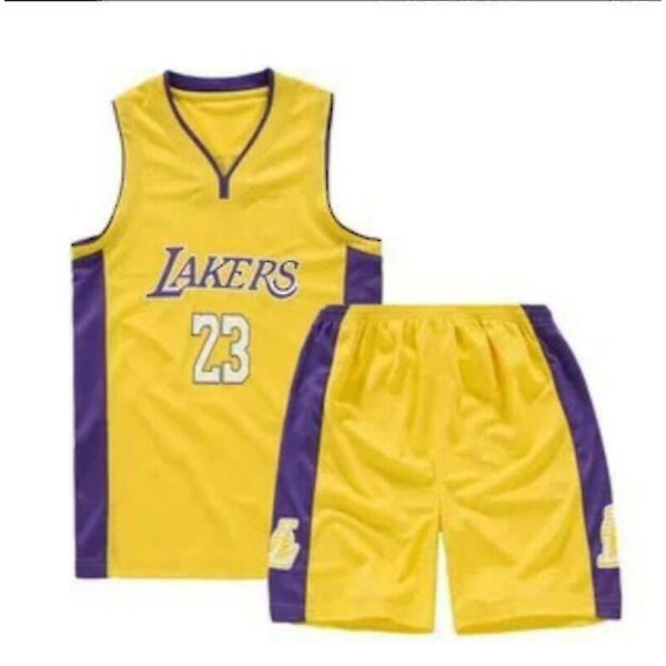 Kids Unisex Basket Training Suit Kits Väst Skjorta + Shorts Sets_s 23 Yellow lakers M(130CM-140CM)