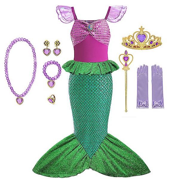 Disney Little Mermaid Ariel Prinsessdräkt Barnklänning För tjejer Cosplay Barn Karneval Födelsedagsfest Kläder Sjöjungfruklänning V 7-8T(size 140) 10pcs Mermaid Set