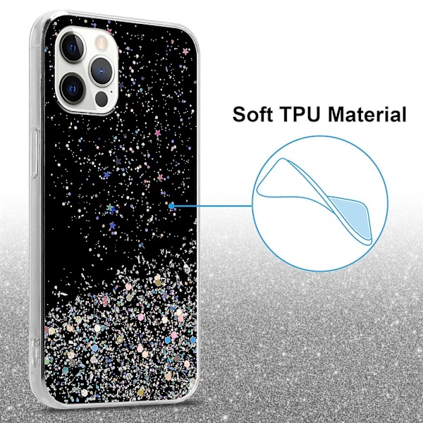 Apple iPhone 12 / 12 PRO Hülle Handy Cover TPU- case - Genomskinlig med glitter Black with glitter iPhone 12 / 12 PRO